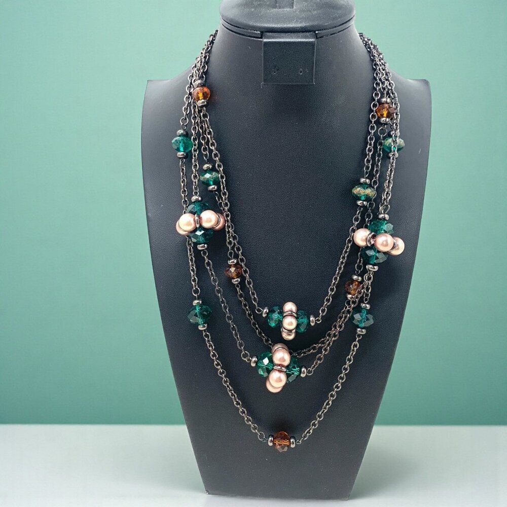 Jiu Long Xing Multi Strand Silver Boho Necklace Green Beads & pink Faux Pearls